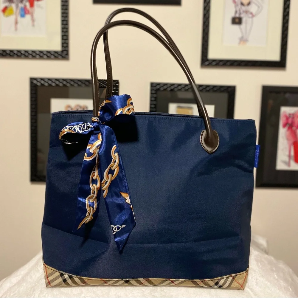 Burberry Navy Tote with Chain-Print Scarf Accent